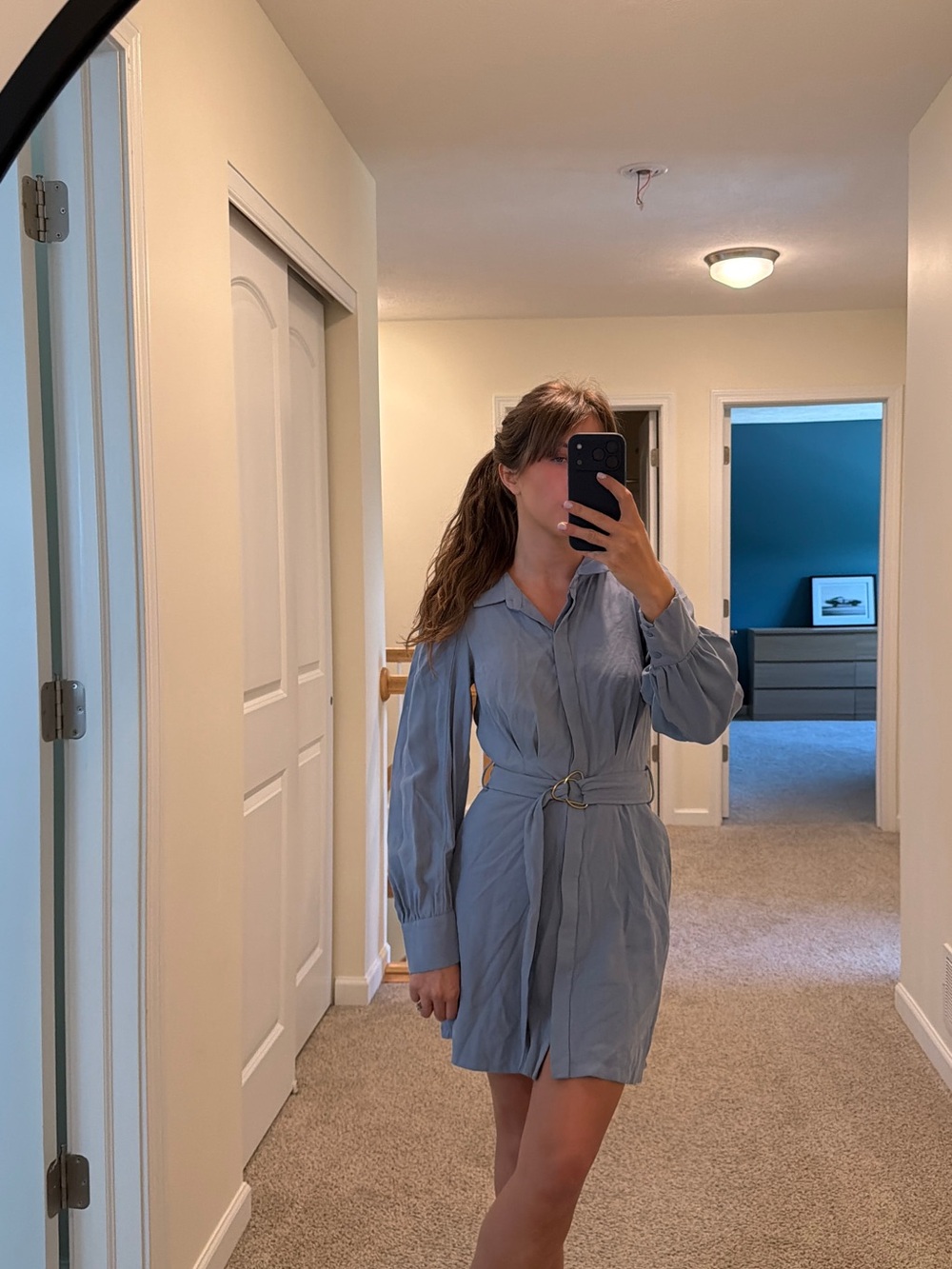 Zara Light Blue Shirt Mini Dress with Waist Ring